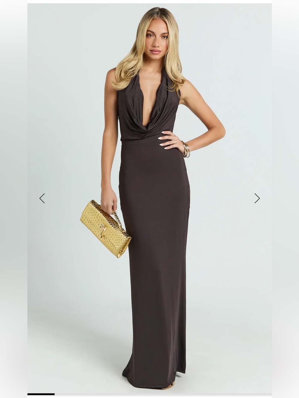 Showpo Brown Cowl Halter Maxi Dress